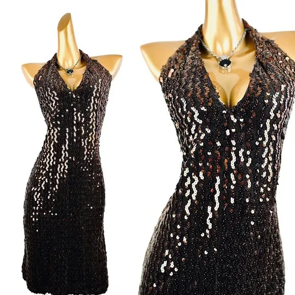 Vintage | Dresses | Vintage 9s Prom Dress Sequin Deep V Halter Formal |  Poshmark